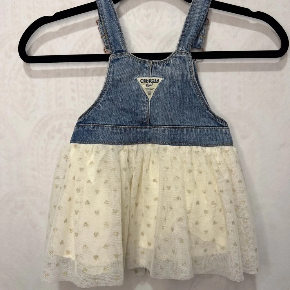Oshkosh Girls Toddler 2T Denim Overalls Dress Cream Tulle Sparkle Hearts